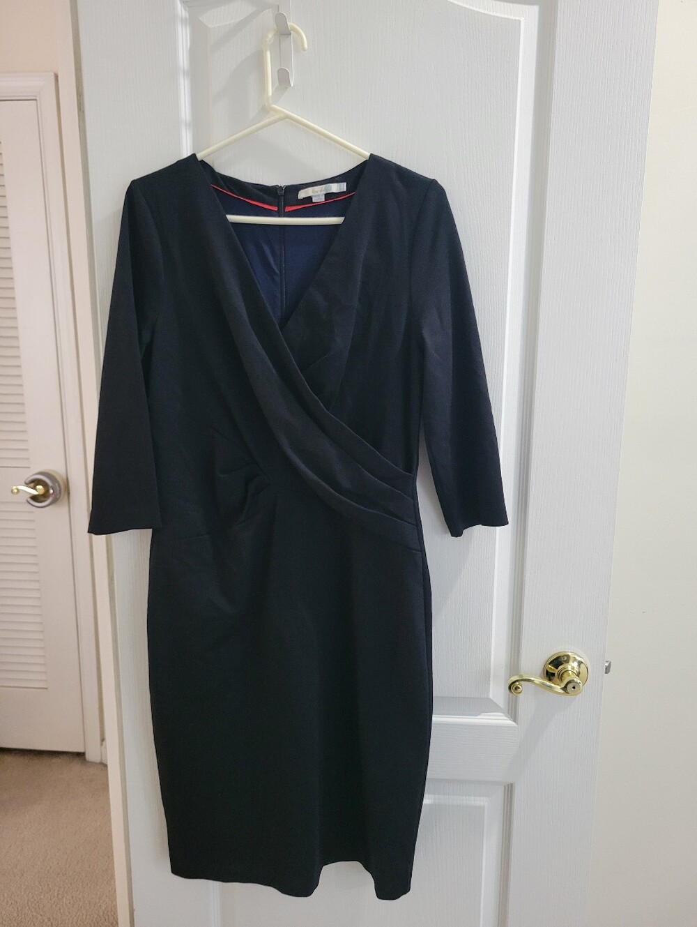 Boden Black Solid Wrap Sheath Dress Size 14 Knee Length V-Neck 3/4 Sleeve